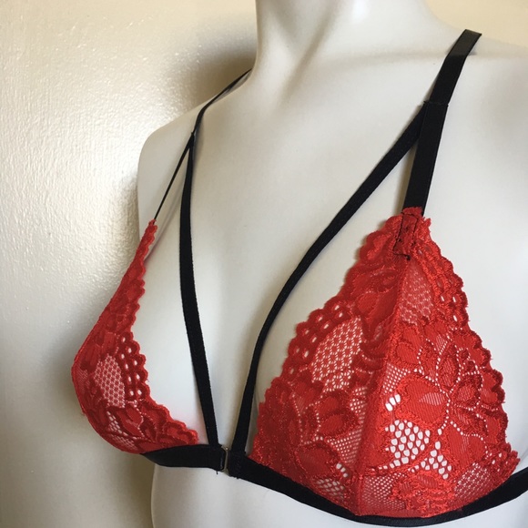 Red Strappy bralette lace front clasp handmade New - Picture 7 of 8